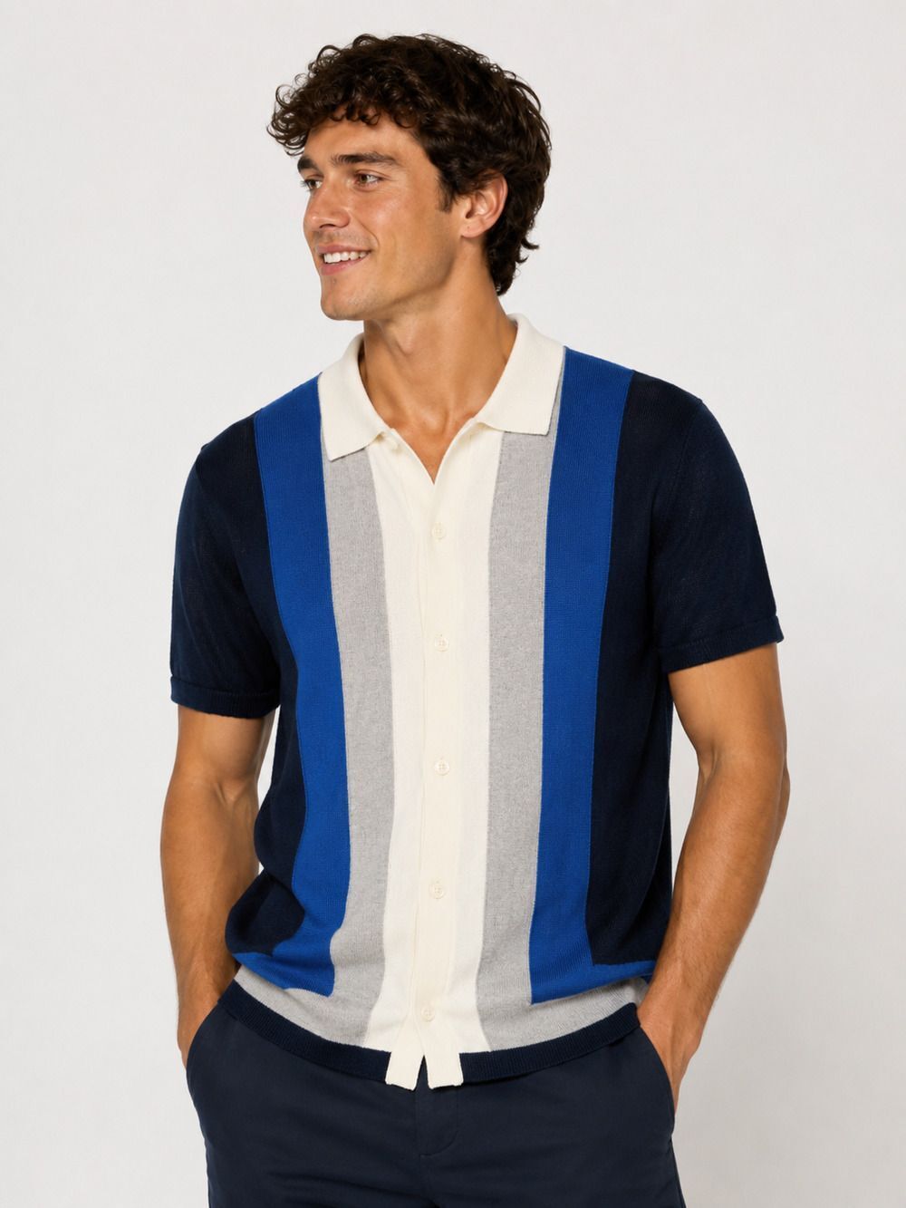 Express Mens Cotton Knit Sweater Polo Shirt Blue Colorblock Striped Size S